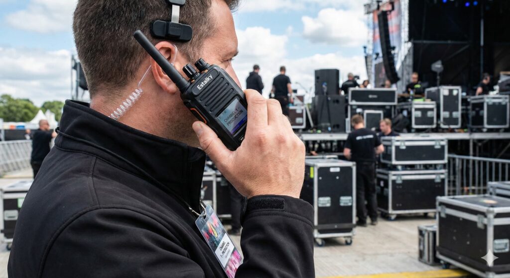 Profesionalac koristi voki toki sa slušalicom na eventu - Iznajmljivanje radio stanica Traffic Call